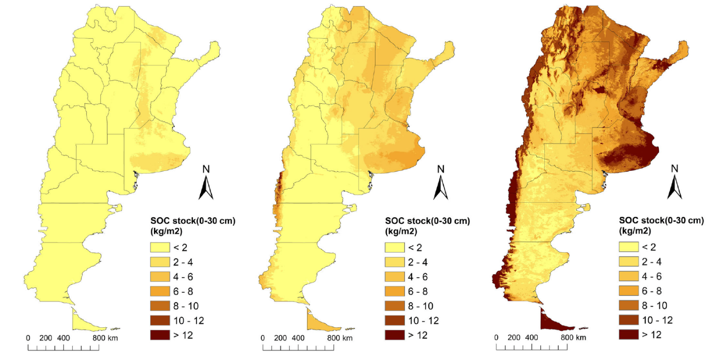"A figure showing soil organic carbon (SOC) stock prediction intervals in Argentina from the paper “Machine learning in space and time for modelling soil organic carbon change” on which Gerard was the lead author. Published in the European Journal of Soil Science in 2020. Access here: https://doi.org/10.1111/ejss.12998"