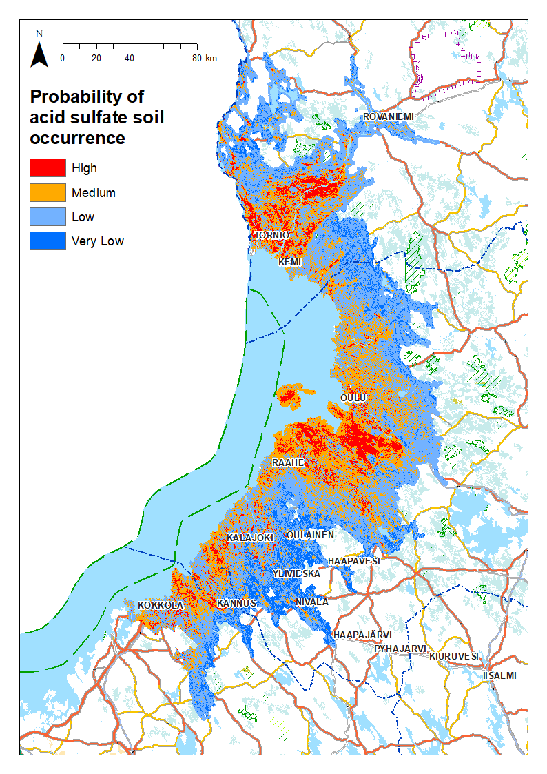 "Draft map produced in the training of the HazArctic study area in Finland along the Gulf of Bothnia showing the probability of occurrence of acid sulphate soils. "