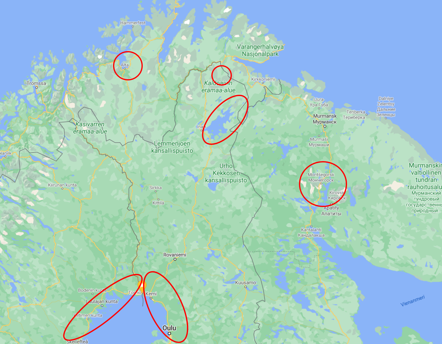 "The study areas of the HazArctic project in Norway, Sweden and Finland. "