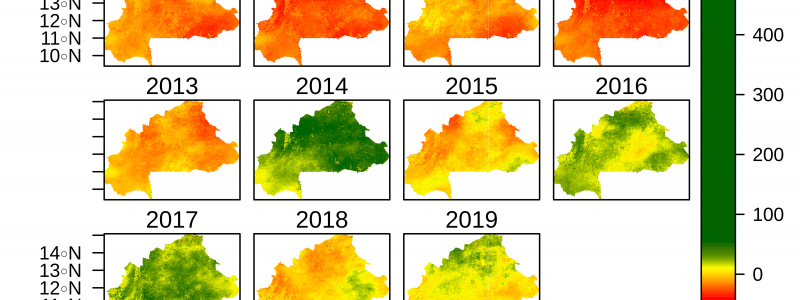 Spatiotemporal deviation (%) from the long-term average of the relative P sufficiency for sorghum