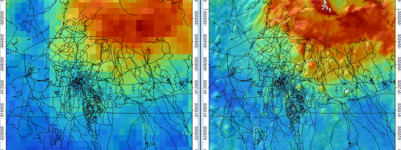 Comparison of predicted soil organic carbon content (fine earth) for an area around the town of Arusha (Tanzania): SoilGrids1km (left) and AfSoilGrids250m (right)