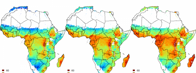 Prediction maps of the lower limit, mean and upper limit (90% prediction interval) for organic carbon (permille) for the first standard depth (0-5 cm)