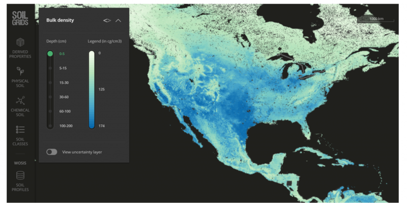  A prediction of soil bulk density in North America displayed on SoilGrids.org
