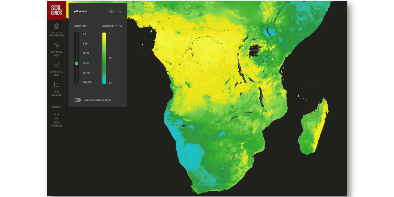 SoilGrids v2.0 predictive map of soil pH in the 30-60 cm layer for central and southern Africa 