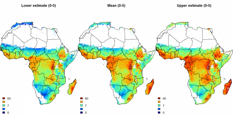 Prediction maps of the lower limit, mean and upper limit (90% prediction interval) for organic carbon (permille) for the first standard depth (0-5 cm)